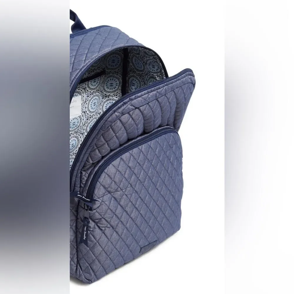 Vera Bradley Denim Moonlight Navy Large Laptop Essential Quilted Backpack 31L